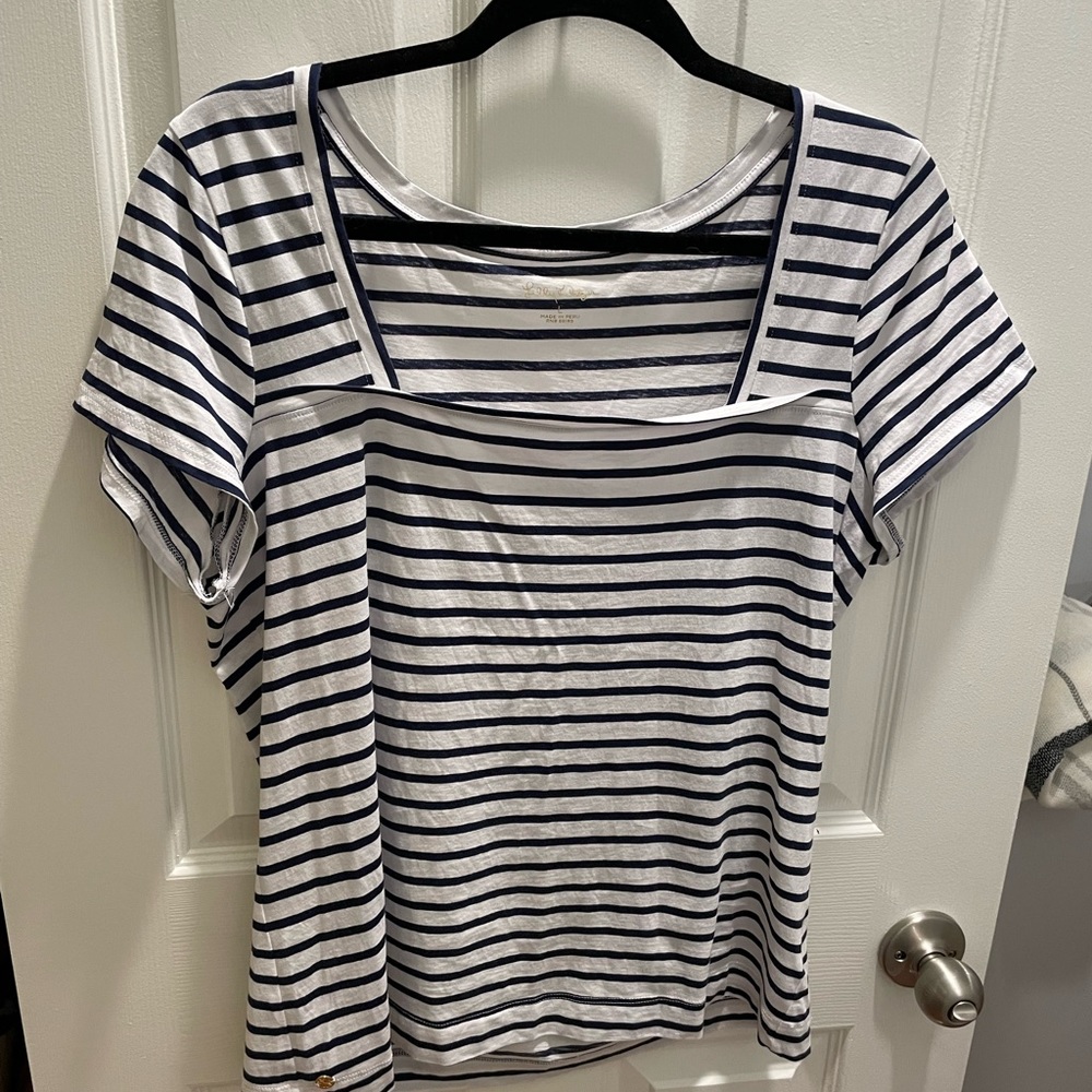 Blue with navy blue striped t-shirt. Size L.